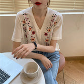 Short Sleeve V-Neck Floral Embroidered Shirts